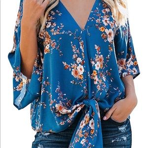 Womens Floral Tie Knot Bat Wing Chiffon Top Blue